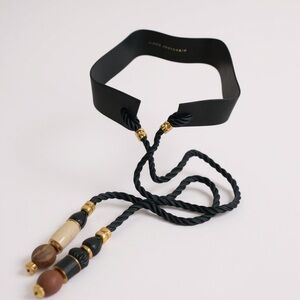 LIZZIE FORTUNATO‎ Leather Rope Wood Boho Belt Tie Wide Neutral Stones Adjustable